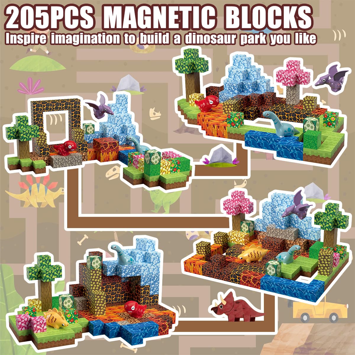Magnetische Bausteine 205 Stück 2.5CM Dinosaurier Spielzeug Magnetic Building Blocks, Baue 3D Dinosaurier Welt Abenteuer Magnetspiel Kinderspielzeug Geschenke für Jungen Mädchen ab 3 5 6 7 9-12 Jahre 5