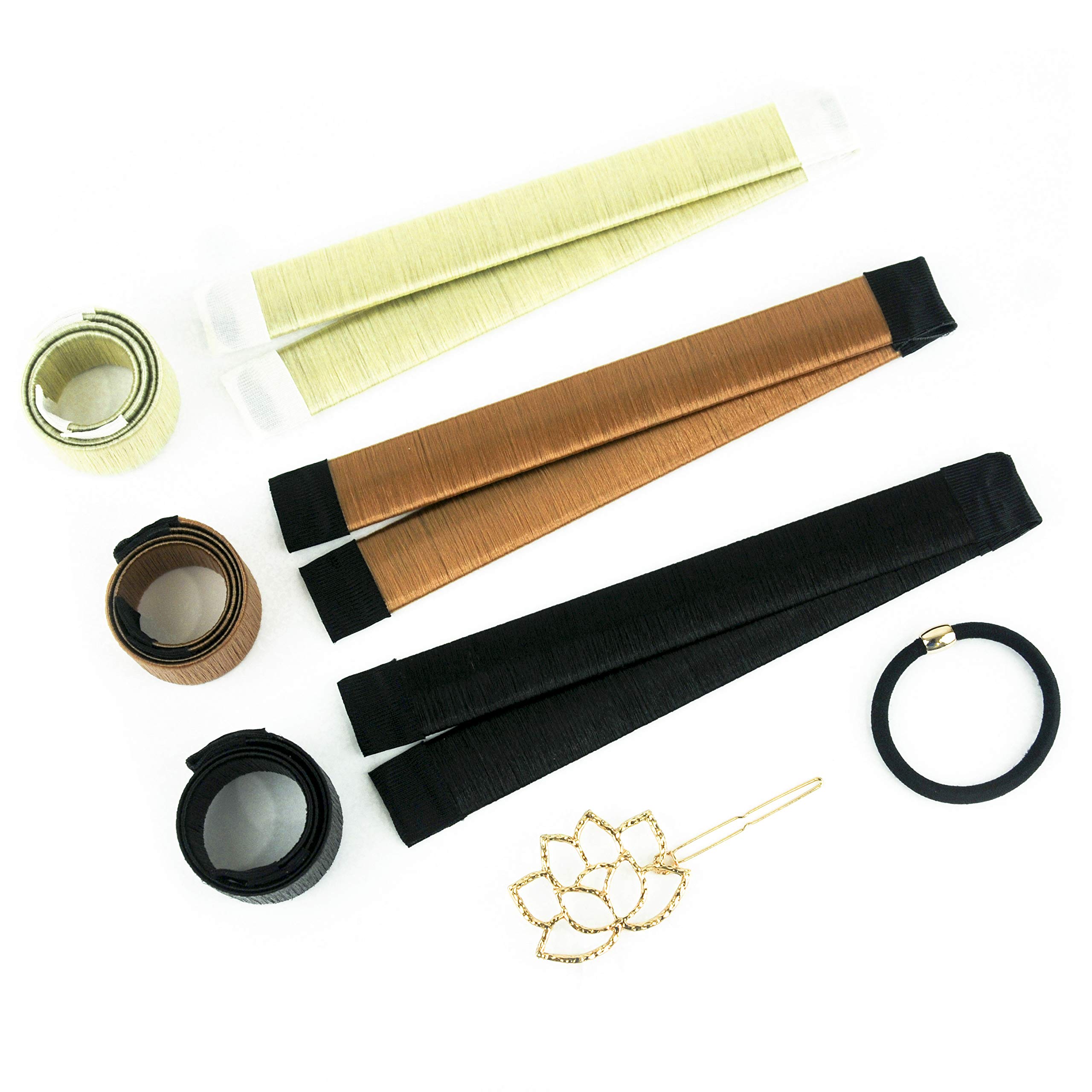 Hair Buns Maker - Fast Messy Perfect Sock Bun Magic Curler Clip French Donut Twist Shaper - Easy DIY Accessories Styling Tool for Women Girls - 3 PCS (Black, Blonde, Brown color) and 1 Hair Tie