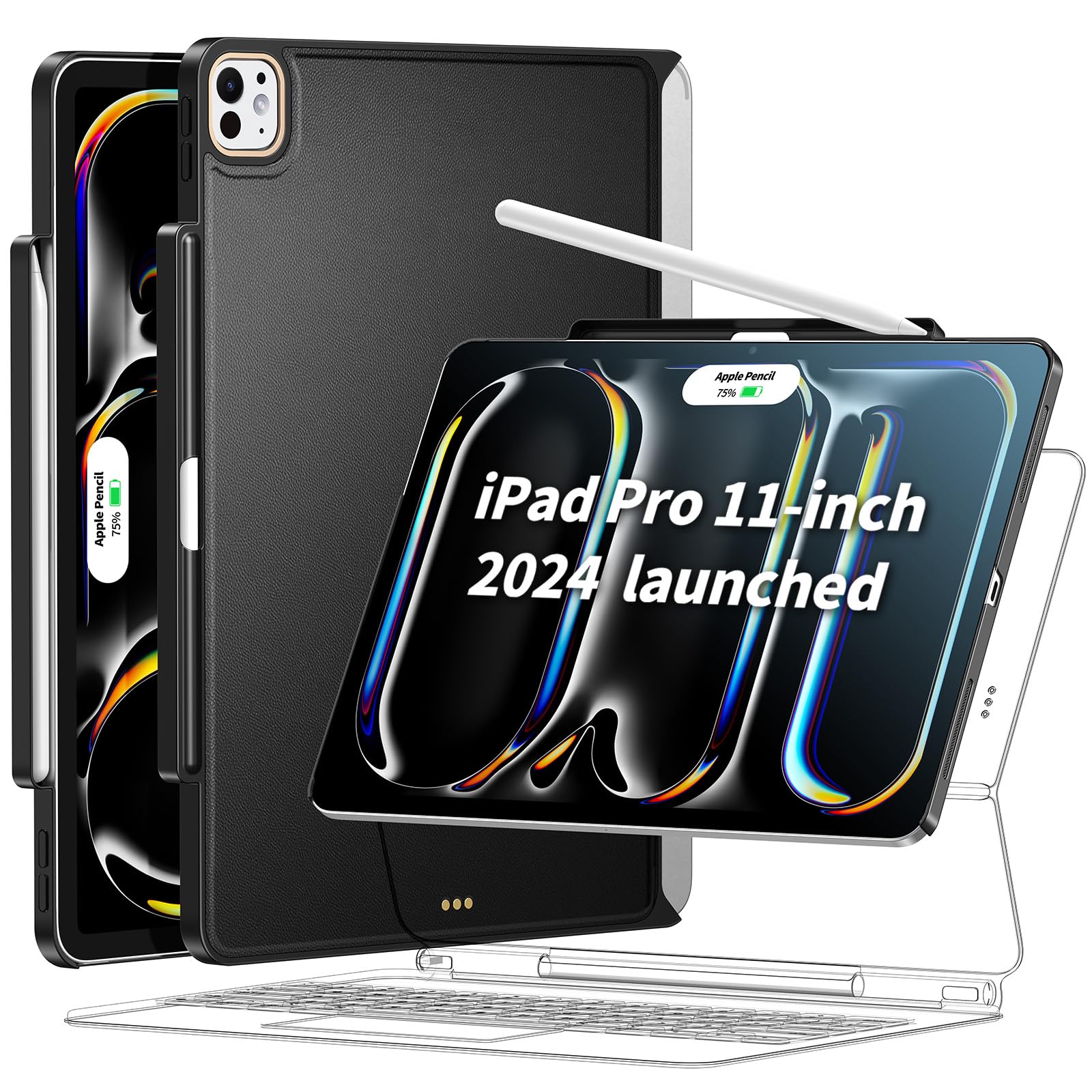 Photo 1 of Magic-Keyboard Compatible Case for iPad Pro-11 inch M4 2024: Cover with Apple Pencil Holder for Smart MagicKeyboard Folio Slim Durability, with Durable Leather Surface, (Keyboard Not Included), Black