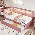 MKABAK Twin Size Daybed with Trundle and L-Shaped Bookshelf Headboard, Linen Upholstered Soft Corner Bed with Storage Shelves, Charging Station and LED Belt for Kids Boys Girls, Pink