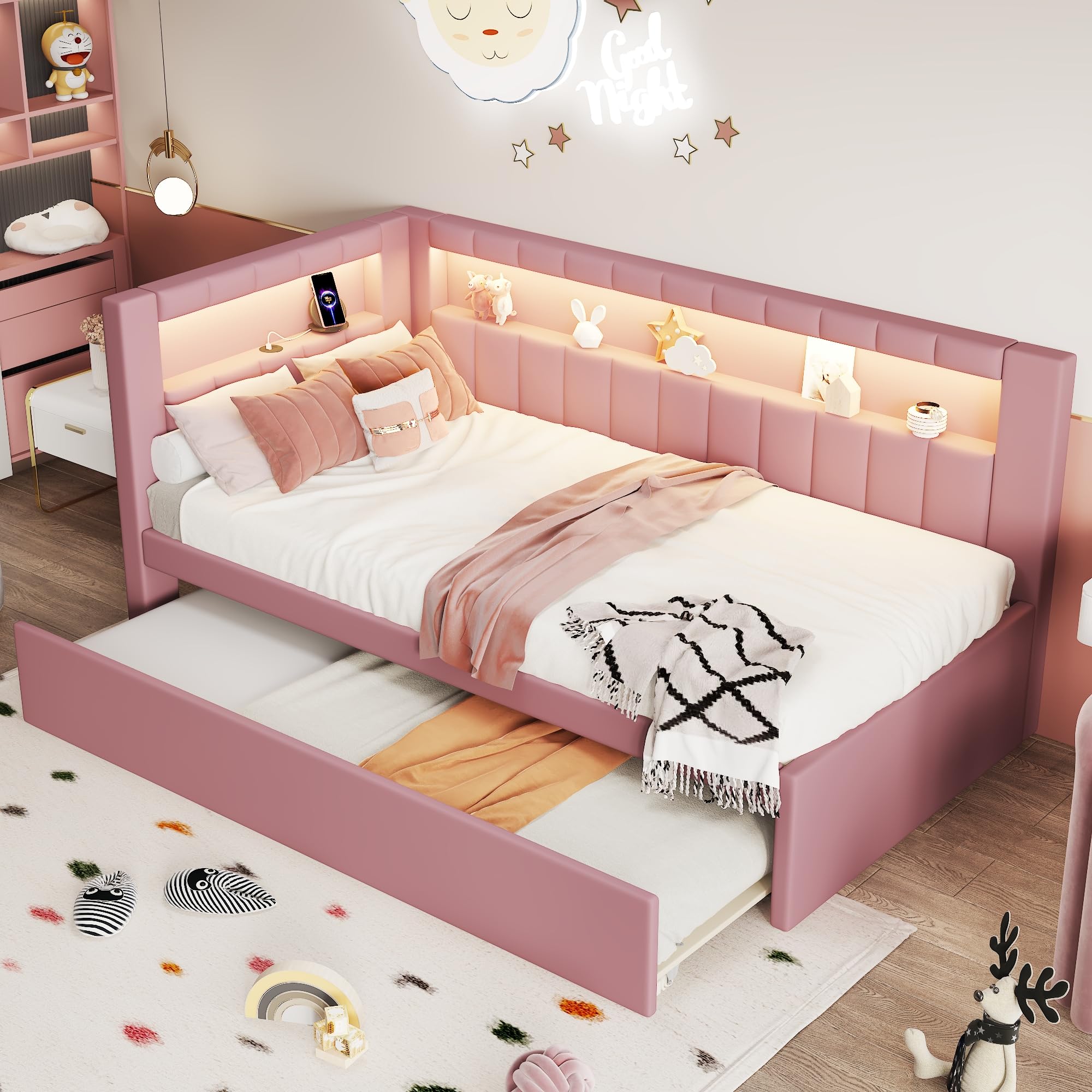 Photo 1 of ****PARTIAL SET, ONLY ONE BOX 2 OUT OF 2**********
Merax Twin Size Modern Upholstered Platform Bed with USB Ports & Trundle Bed, Floor Daybed with Wood Slat Support, Storage Bed Frame with Headboard/Twin, Pink