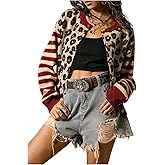 SOLY HUX Women's Leopard Cardigan Sweater Y2k Striped Button Down Long Sleeve Crewneck Colorblock Trendy Tops