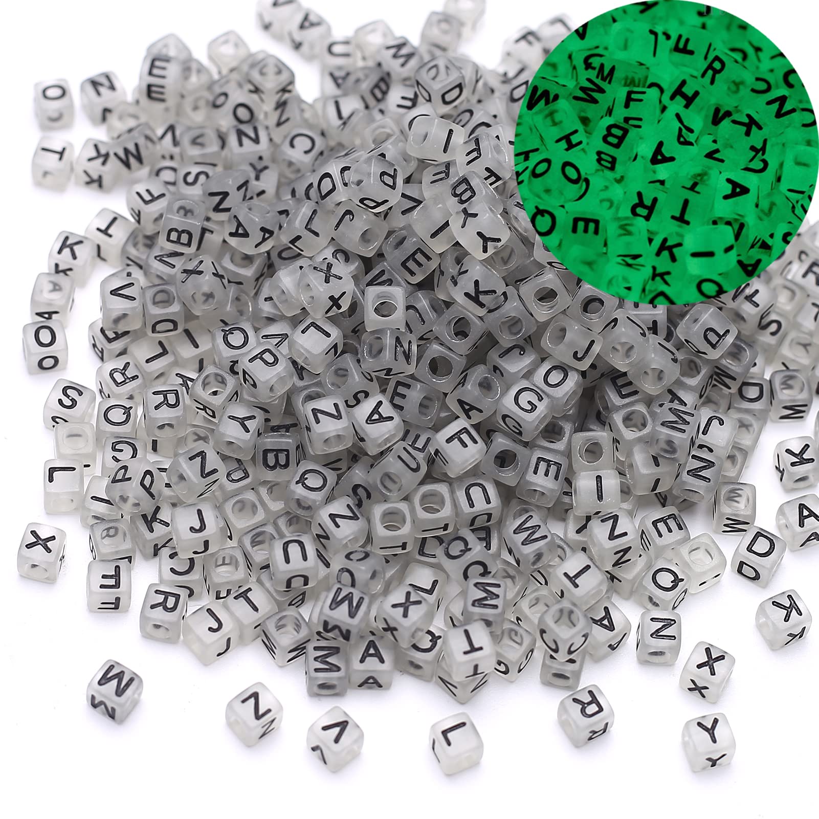 HERZWILD 1000pcs Letter Beads Glow in The Dark Acrylic Bead 6 x 6 mm Letter Beads Square Craft Letters A-Z Beads for Jewellery Crafts (Noctilucent Black)