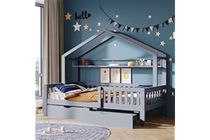 Aoowow Twin Size House Bed with Storage Drawers and Shelf,Kids Wooden Bed Frame Twin Platform Bed with Slats and Fence for Boys Girls Teens for Bedroom(Grey)