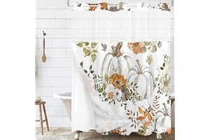 SANZUGH Fall Pumpkin No Hook Shower Curtain with Snap in Liner, Autumn Flower No Hook Fabric Shower Curtains Set for Bathroom, Hotel Style Double Shower Curtain Detachable Liner Replacement 71X74IN (71IN)