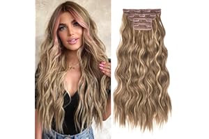 REECHO Hair Extensions, 4PCS Clip in Hair Extensions HE001 Natural Soft Synthetic Hairpieces for Women, Light Brown with Blonde Highlights