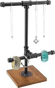 MyGift 2-Tier Metal Industrial Black Pipe T-Bar Jewelry Necklace & Bracelets Organizer Display Rack Tower w/Wood Base