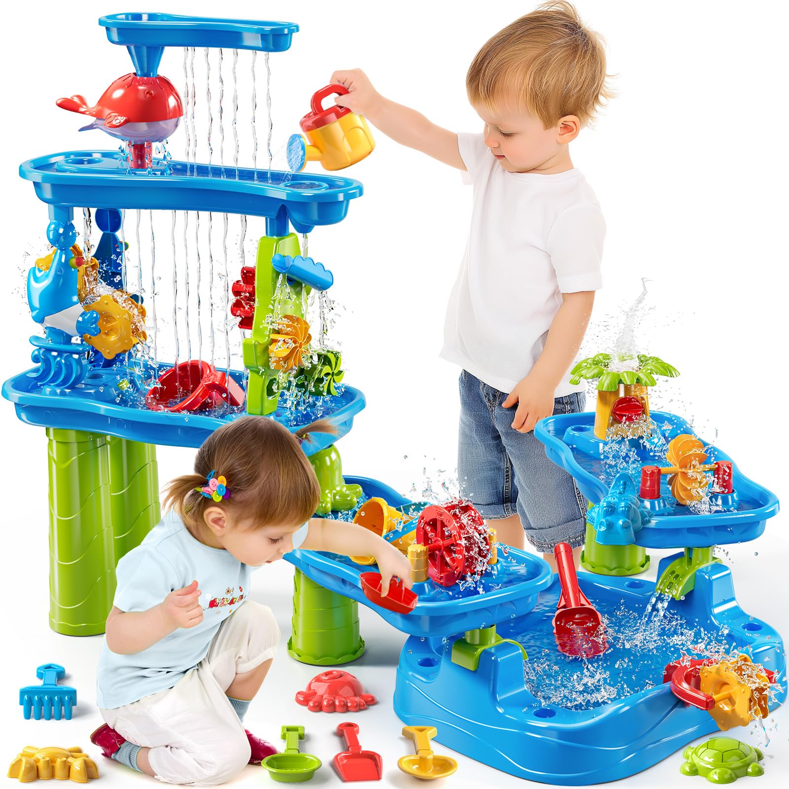 DULONIME 5-Tier Sand and Water Table Toys for Kids Aged 3 4 5 6 7 8, Water Waterfall Sensory Play Table with Beach Toys Accessories, Outdoor Activity Playset for Toddlers 2-4 3-5 4-6, Birthday Gifts