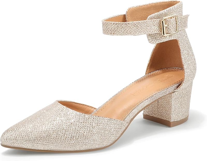Amazon.com | SHOWHOW Women's Low Block Heel Closed Pointed Toe D'Orsay Heeled Pumps Ankle Strap 