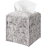 Abstract Line Art Tissue Box Holder, Modern Black White Faces Leather Tissue Box Cover Square, Paper Napkins Everyday Dispenser for Bathroom Night Stands Kitchen Office Car Home Decor
