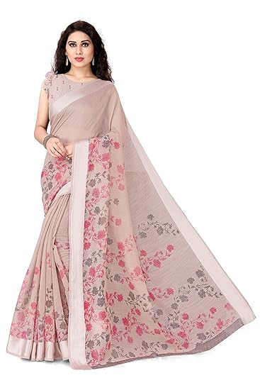 Women's Cotton Blend Floral Printed Saree With Woven Shiny Border and Blouse Piece