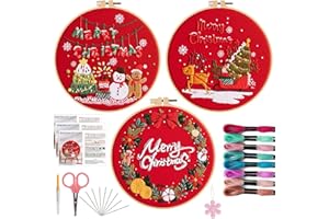 Offizon Christmas Embroidery Kit for Beginners, 3 PCS Starter Cross Stitches, Red Santa Handicrafts, Merry Chistmas