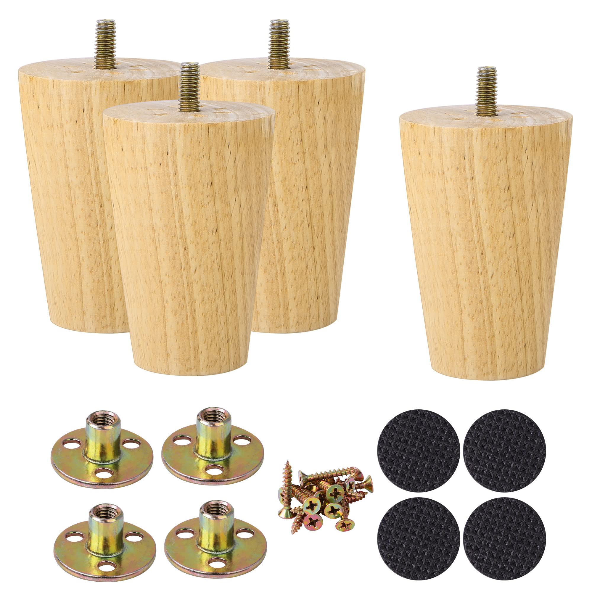 sourcing map Wood Furniture Legs, 4 Inch Sofa Legs Round Solid Wood Couch Legs Wood Color Modern Replacement Feet for Armchair Recliner Coffee Table Dresser Set of 4