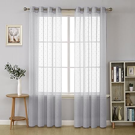 Deconovo Lot De 2 Voilage Transparent Jacquard Orné Des Motifs Petits Pois Fenetre Panneau Rideau à Oeilles Pour Decoration De Chambre 140x240cm Gris