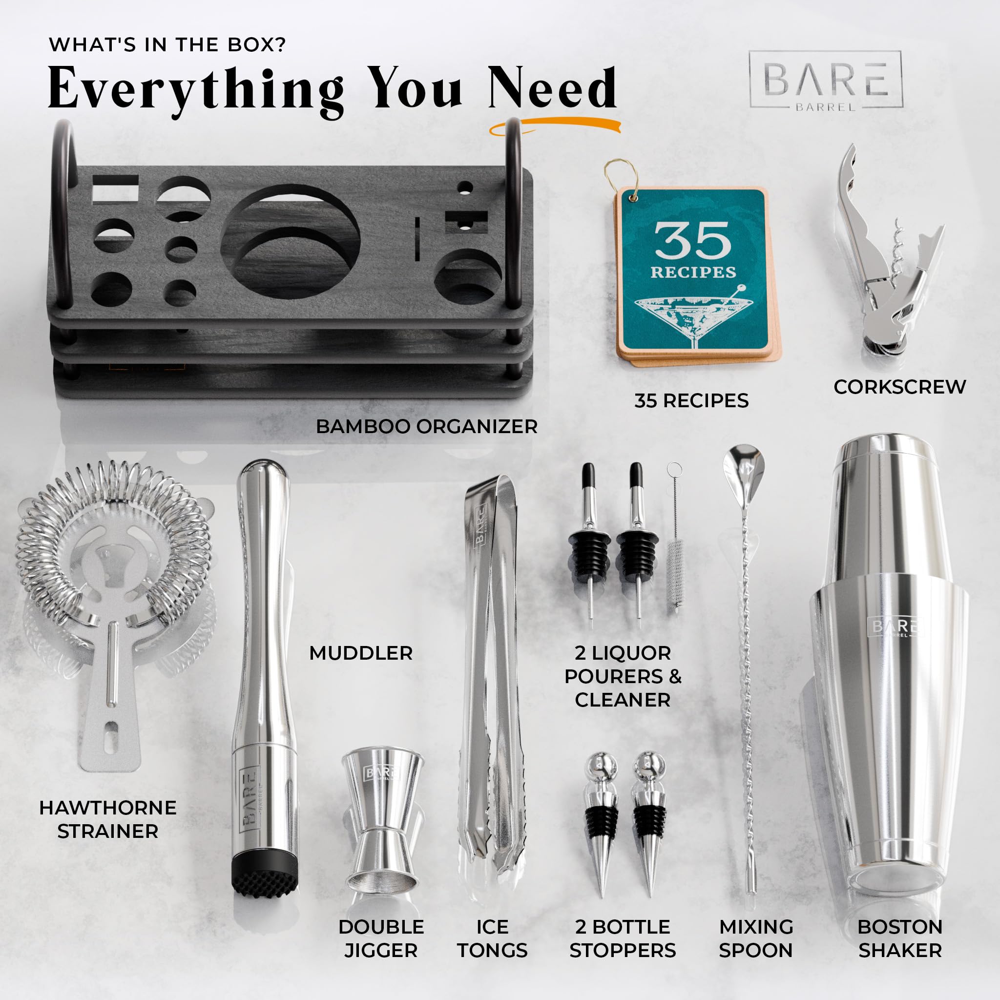 BARE BARREL® Mixology Bartender Kit Bar Set | 14-Piece Cocktail Shaker Set | Martini Barware Mixing Tools for Home Bartending | 35 Recipe Cards | Gift Set (28oz Boston Shaker, Silver/Black)