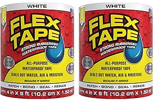 Flex Tape, Original Thick Flexible Rubberized Waterproof Tape - Seal and Patch Leaks, Works Underwater, Indoor Outdoor - Home RV Roof Plumbing and Pool Repairs, White, 4 in x 5 ft, Pack of 2