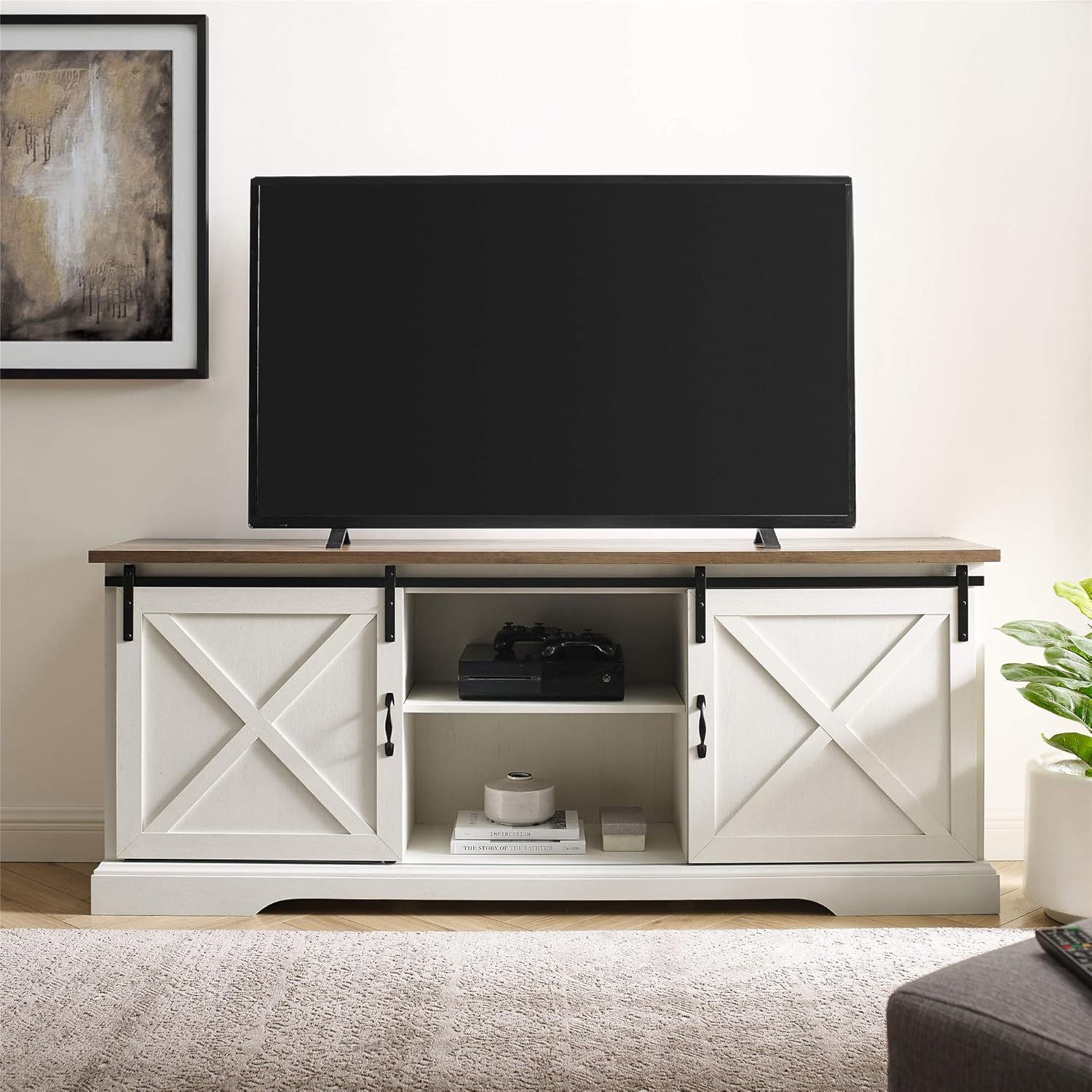Walker Edison Nathaniel Modern Farmhouse Sliding X Barn Door Stand for TVs up to 80 Inches, Without Fireplace, White: Furniture & Decor