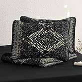 Wake In Cloud - Western Quilt Set, Southwestern Aztec Boho Chic Rustic Farmhouse Pattern, Reversible Lightweight Bedspread Coverlet, 3 Pieces, Charcoal Black, Queen/Full Size