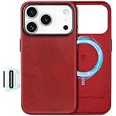 SHIELDON Genuine Leather Case for iPhone 17 Pro 6.3 Inch 2025 | [Updated Camera Button] | Magnetic Wireless Charging, Slim Fit, Non-Slip, Protective Phone Cover with Metal Buttons - Retro Red