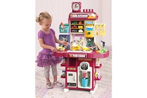 IMAGIFUN 50PCS Baby Play Kitchen Toys set with Sound and Light, Kids Pretend Kitchen for Toddlers Age 1-5 with Cooking Stove, Sink, Ice Maker, Water Dispenser, Refrigerator, and Play Food for Girls (Pink)