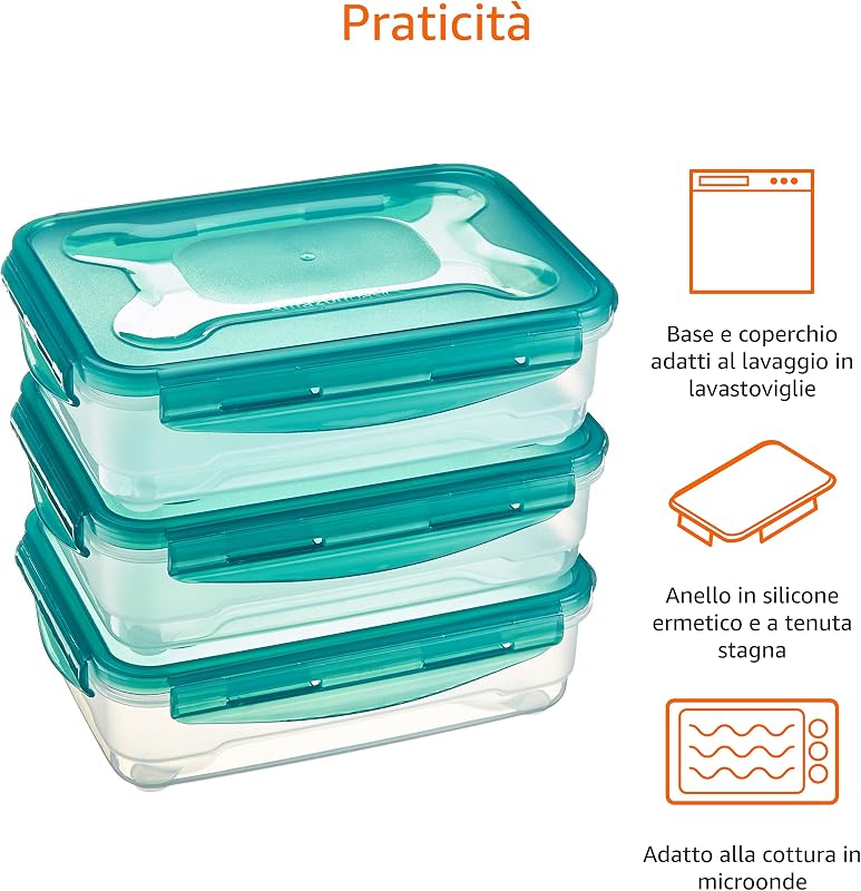 Set di 3 contenitori ermetici per alimenti da 1.2 litri, con coperchio, in plastica senza BPA, adatti per frigorifero, congelatore, microonde e lavastoviglie, trasparenti