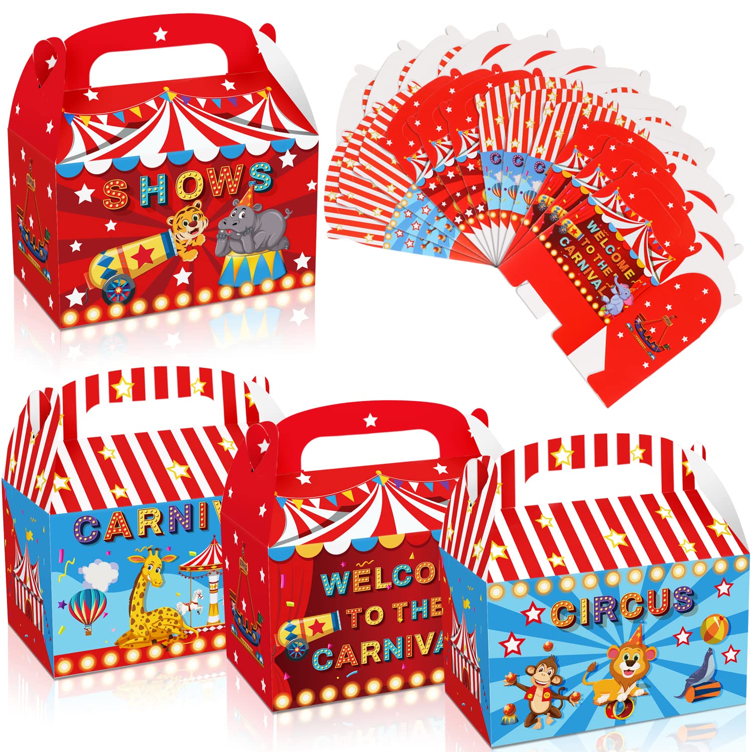 Photo 1 of MIKIMIQI 12 PCS Carnival Theme Party Decorations, Circus Animal Treat Candy Boxes Birthday & Baby Shower Party Gift Bags