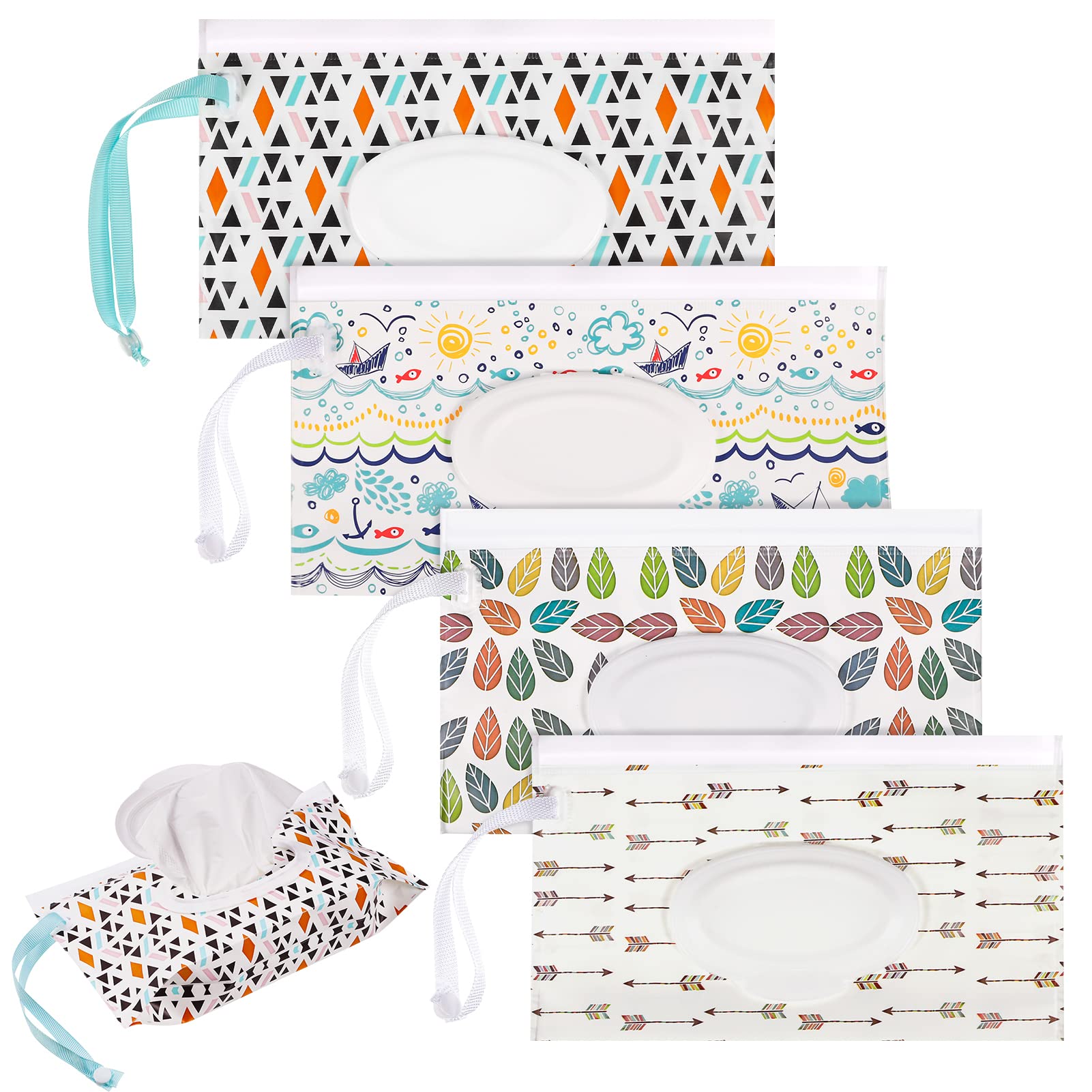 RosewineC 4 Pack Wet Wipe Pouch, Extra Large 10" x 6" Reusable Baby Wipe Case Refillable Wipes Dispenser Travel Container Wipes Bag for Baby and Adult (Colorful)