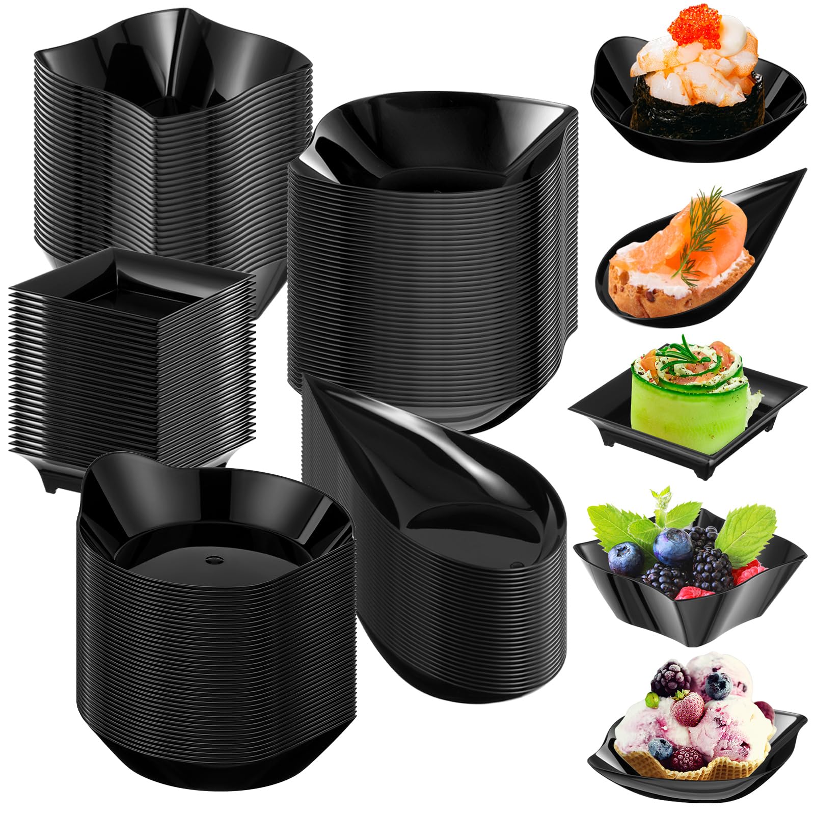 Photo 1 of Tessco 100 Pcs Mini Dessert Plates Set, Disposable Appetizer Plates Assorted Shape Mini Plastic Spoons for Wedding Party Birthday (Black)