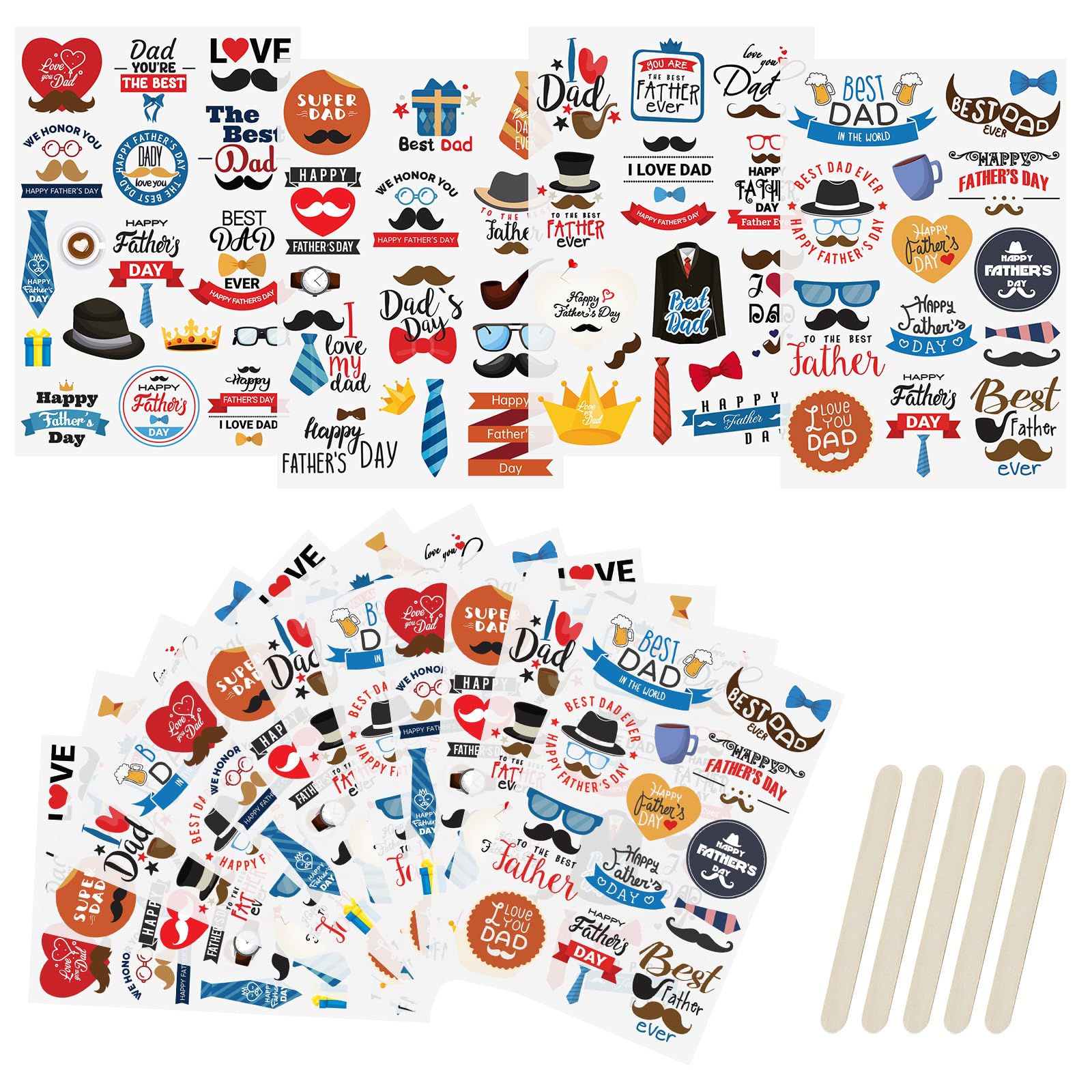 WANDIC 16 Sheets Rub On Transfer Sticker, Father's Day Theme Transfer Decals Beard Suit DIY Scrapbook Stickers for Greeting Cards Gift Wrapping Decoration