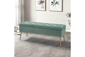 HULALA HOME Modern Velvet Storage Ottoman Bench with Gold Base & Nailhead Trim, Upholstered Bedroom Bench for End of Bed, Button-Tufted Footstool for Entryway Living Room Dining Room, Sage