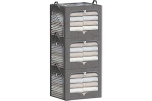 FHSQX 3 Pack Clothes Storage Bins with Metal Frame- Foldable Storage Organizer Bin for Clothes Linen Fabric Storage Box with Lid ＆Clear Window (Grey, 15.7x11.8x11.8inch)