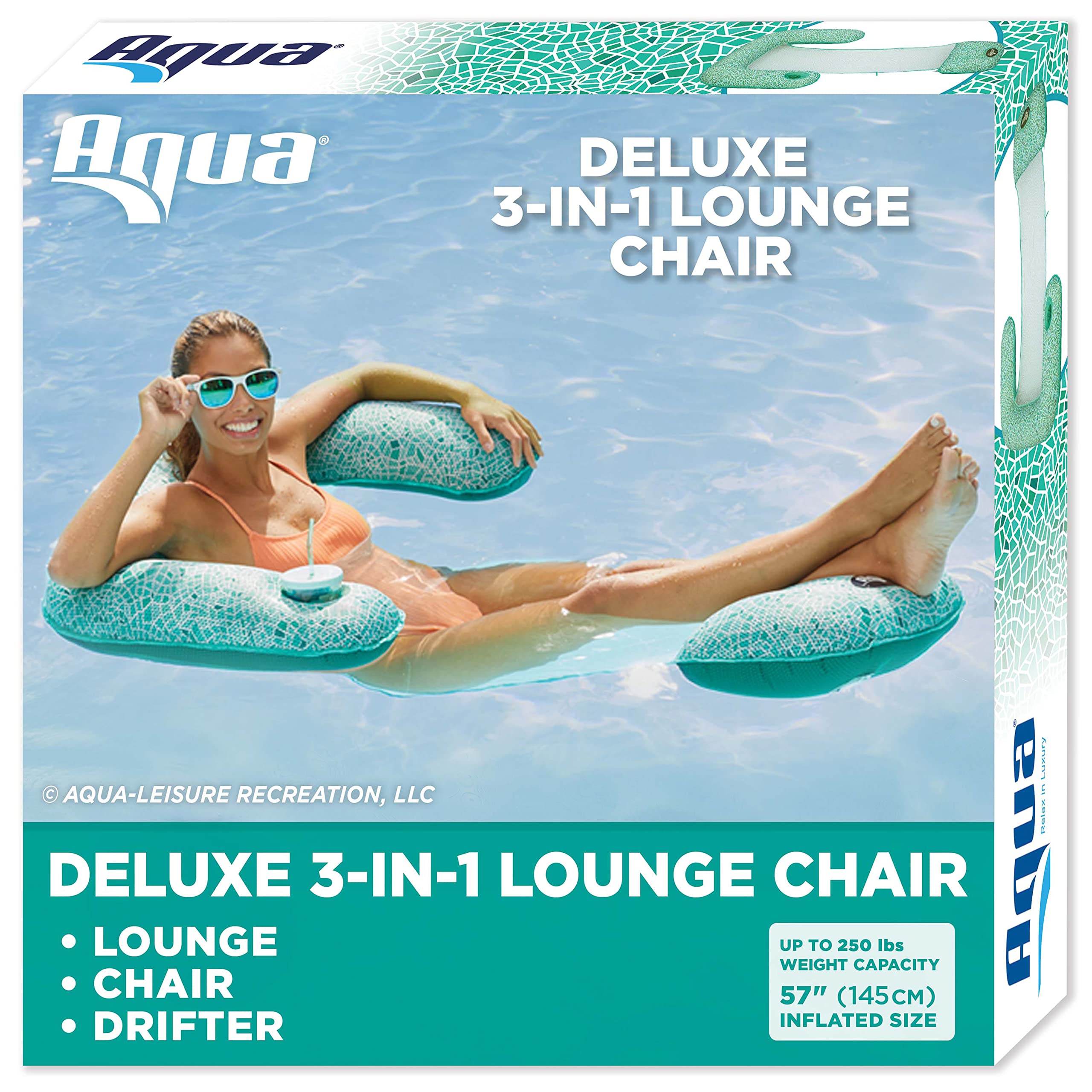 AQUA Mosaic 3-in-1 Pool Chair Lounge, Inflatable Pool Float, Multi-Purpose Pool Chair (Lounge, Drifter, Chair), Green Mosaic