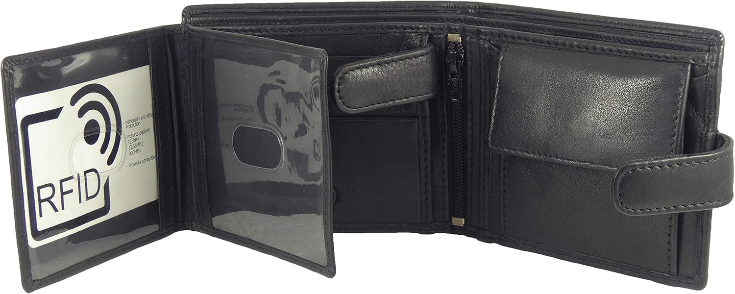 Real Leather RFID Wallet with 7 Card Slots, 2 Note Sections, Coin Pocket (Black), M - Image 4