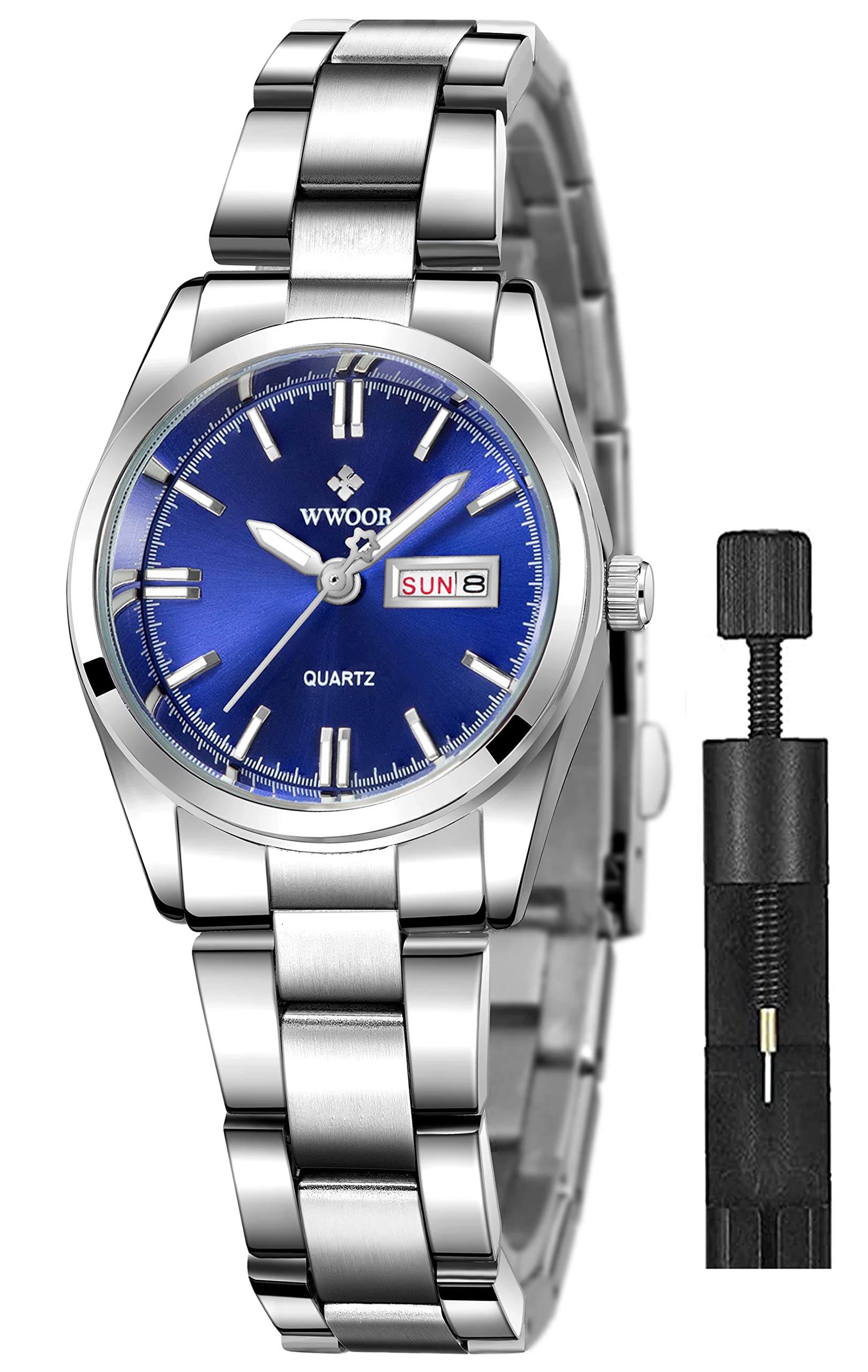 Gosasa Women's Silver Stainless Steel Band Wrist Watches Fashion Quartz Analog Watch Small Face Ladies Dress Watch, Blue, Casual