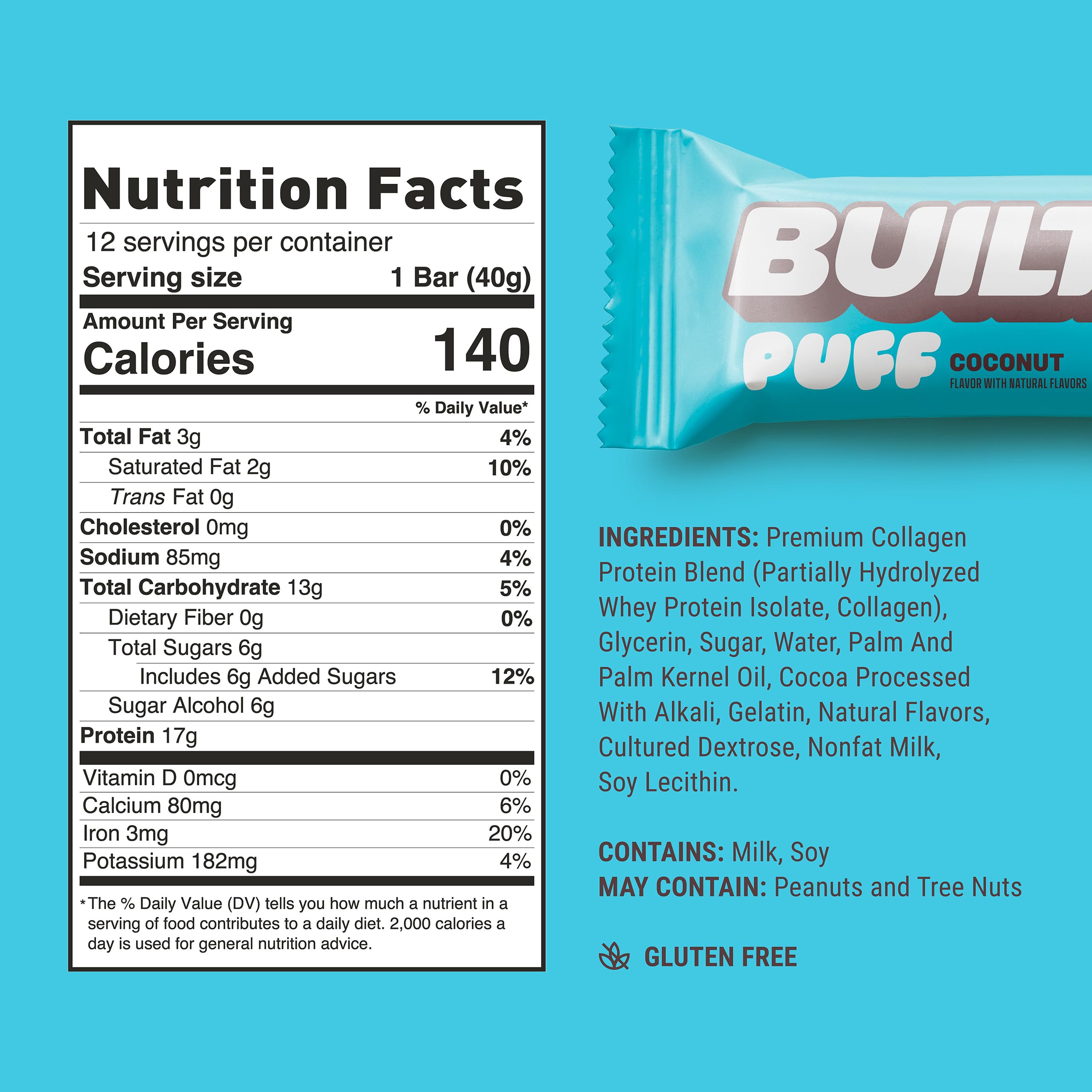 Built Bar, Puff Protein Bars, Coconut Puff, 17g Protein Snacks, On-The-Go Bars, Only 140 Calories, 6g Sugar, Collagen, Gluten Free, 12 Count