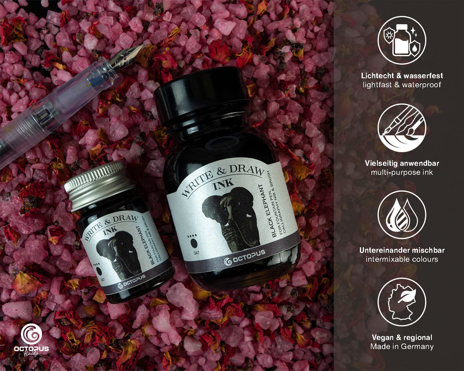 Octopus Write and Draw Ink 347 Black Elephant, wasserfeste Tinte zum Schreiben und Zeichnen, Kalligraphietinte, lichtechte Zeichentusche für Füllhalter, schwarz, 50 ml 2