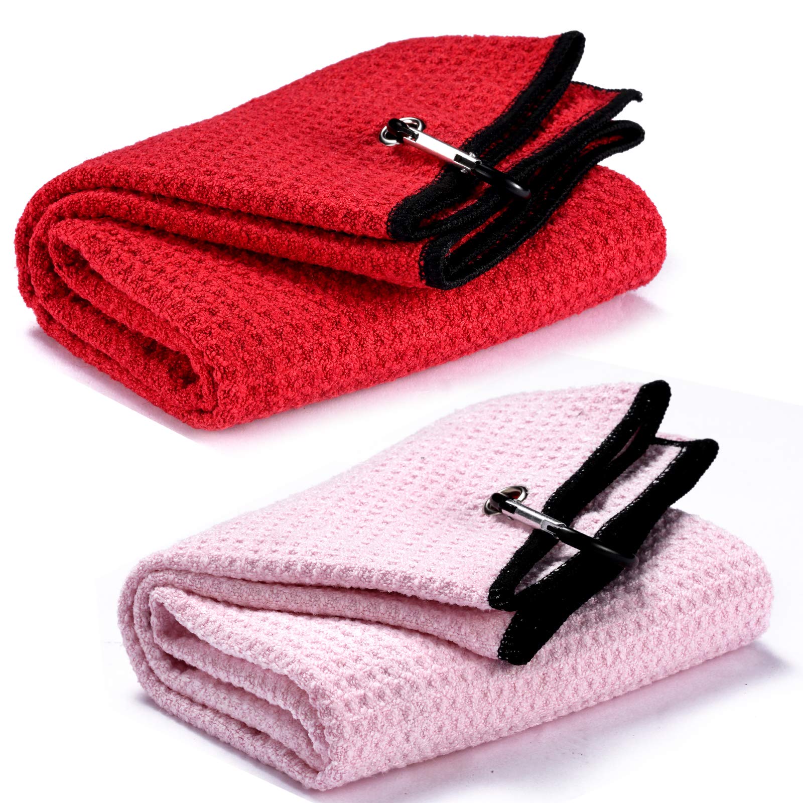 Yizerel 2 Pack 16" x 24" Tri-fold Golf Towel Set, Microfiber Fabric Waffle Pattern Towels, Heavy Duty Carabiner Clip (2 Pcs, 2 Colors)