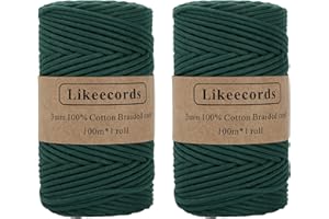 Likeecords 2 Skeins of Braided Macrame Cotton Cord 3mm x 100m,Macrame Rope, 100% Cotton Rope Macrame String,Colorful Cotton Craft Cord for Bag,Wall Hanging, Plant Hangers, Crafts, Knitting（Dark Green）