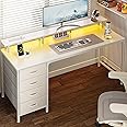 Huuger 55 Inch Computer Desk with Power Outlets and LED Lights, Gaming & Office Desk with 4 Drawers and Monitor Stand, White