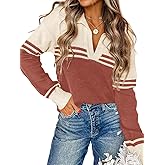COCCKO Womens Long Sleeve V Neck Pullover Sweaters Casual Striped Knitted Sweater Jumper Tops
