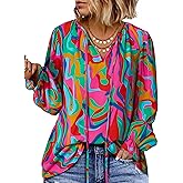 Eytino Plus Size Tops for Women V Neck Long Sleeve Drawstring Floral Boho Print Blouse Shirts Vacation Outfits(1X-5X)