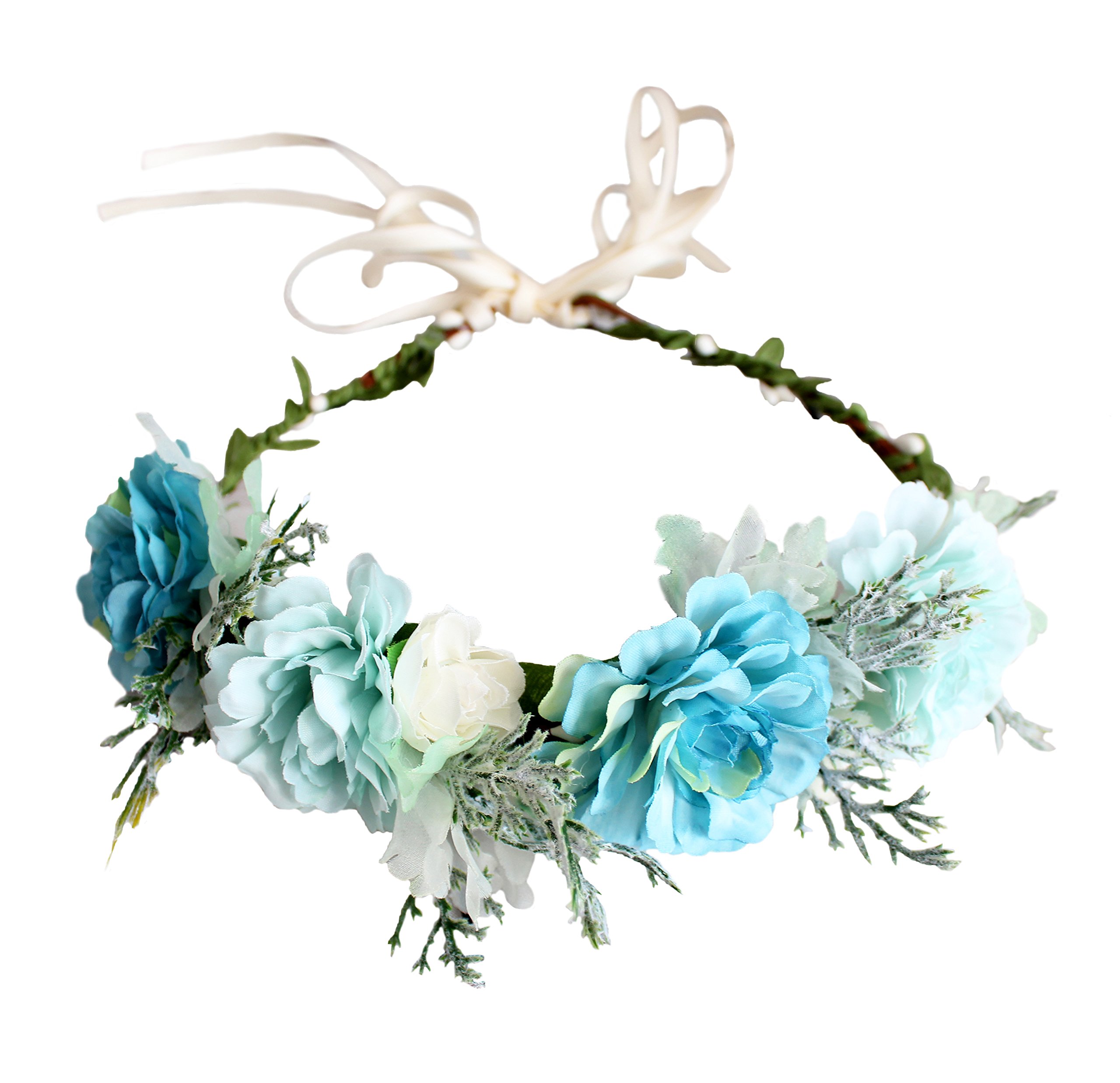 Brikuinr Floral Crown Wreath Flower Garland Headband Hair Wreath Hair Garland Flower Halo Floral Headpiece Boho with Ribbon Wedding Party Festival Blue — image 1