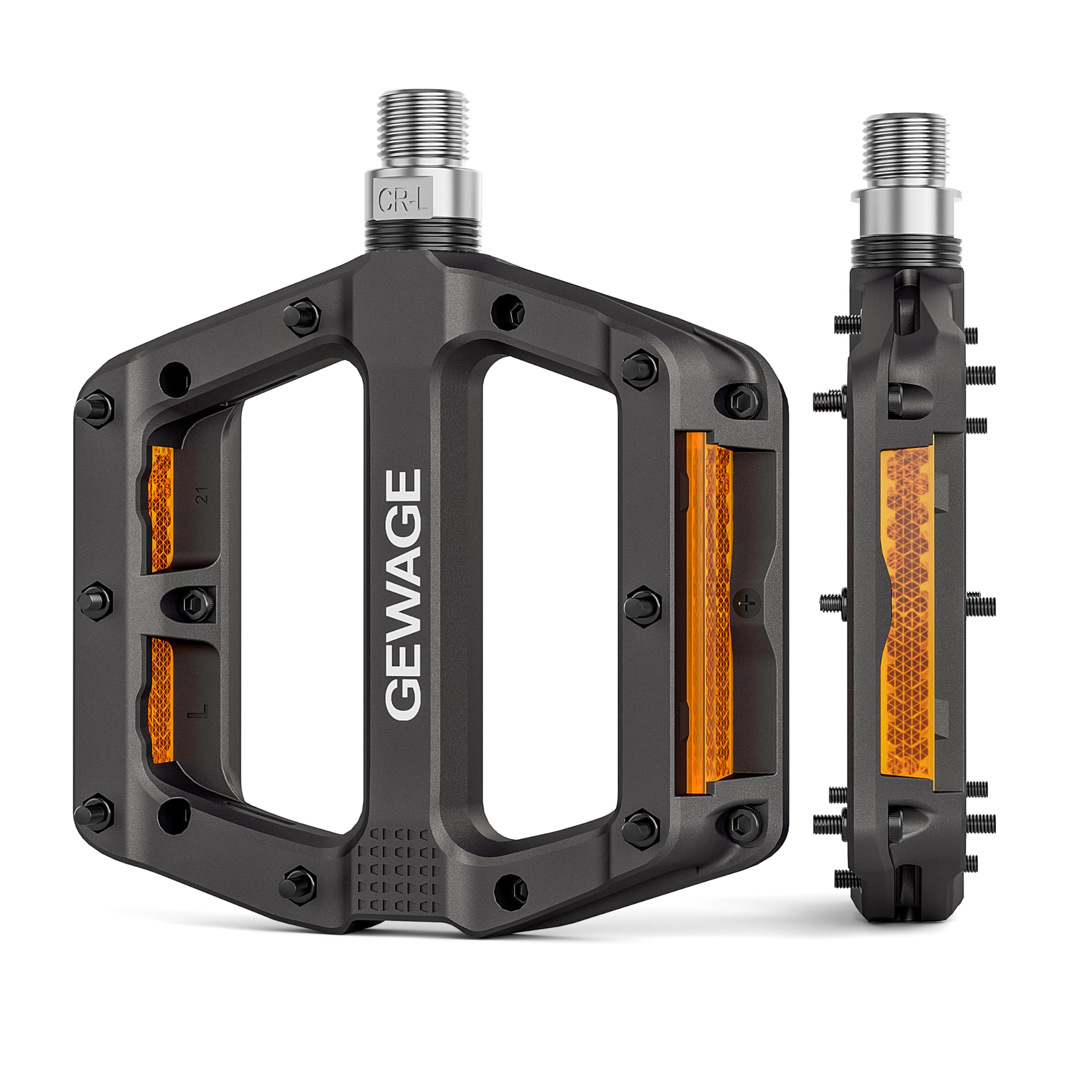 GEWAGE Bicycle Pedals, Nylon Fibre MTB Pedals with Reflectors, 9/16 Inch Non-Slip, Lightweight Bicycle Platform Pedals with 3 Bearings for Road Bike, MTB, E-Bike (Black)