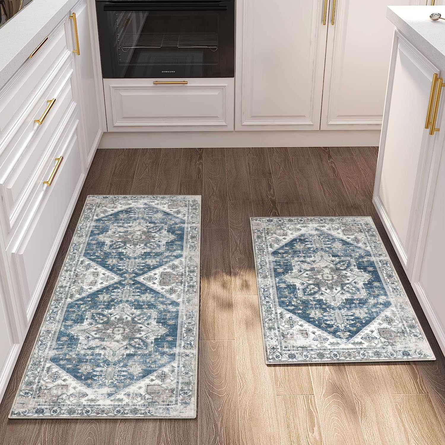 Cekene Oriental Kitchen Runner Mats Non-Skid Distressed Kitchen Rug Runner Machine Washable Short Pile Floor Mat for Kitchen Entryway Bedroom Laundry Room(Blue,50x80cm+50x120cm)