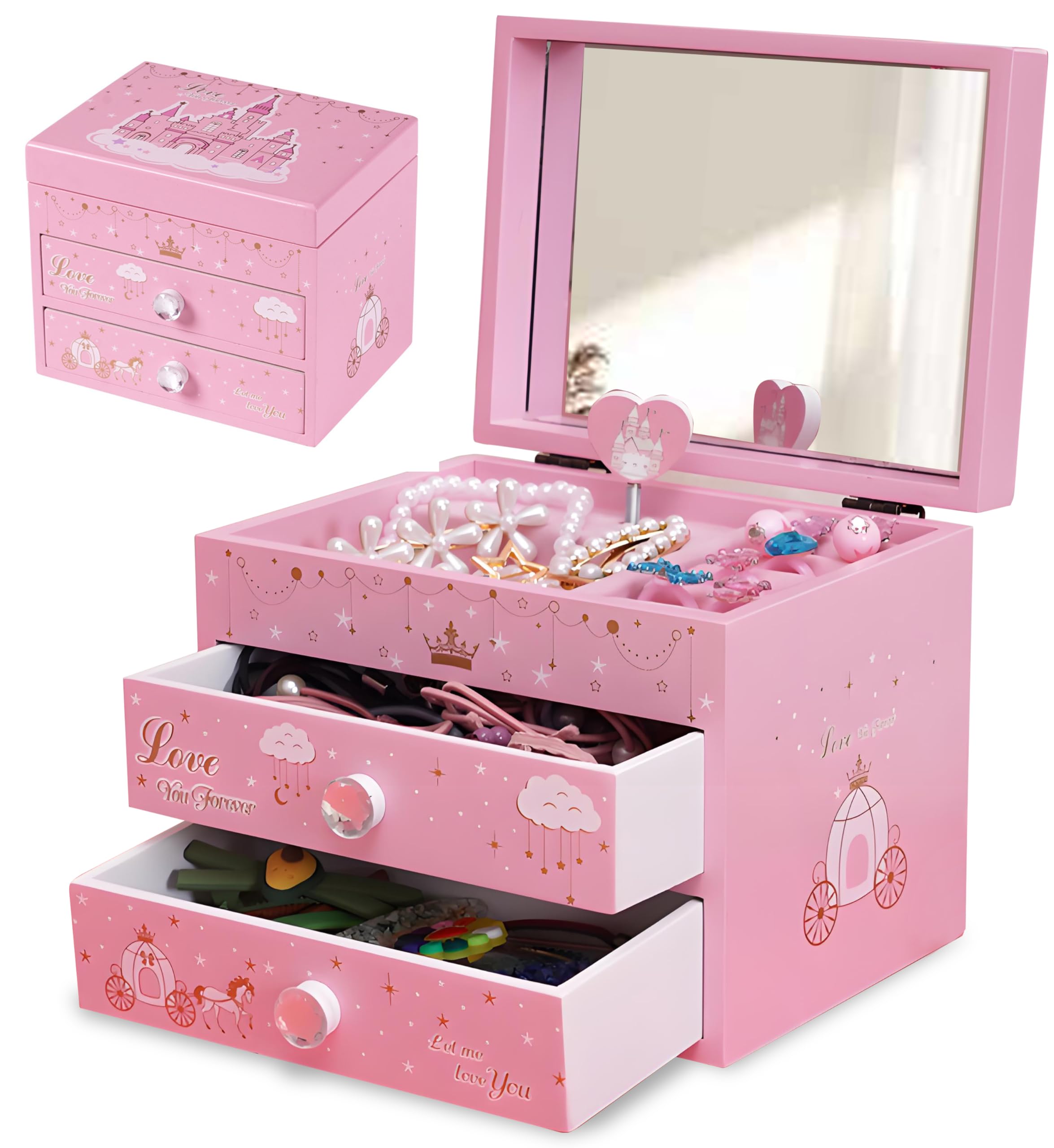 Photo 1 of Musical Jewelry Box Jewelry Organizer Box for Women Girls with 2 Pullout Drawers,Wooden Storage Box Princess Jewelry Boxes,Castle Design Kids Jewelry Box for Little Girls Birthday Christmas Gift