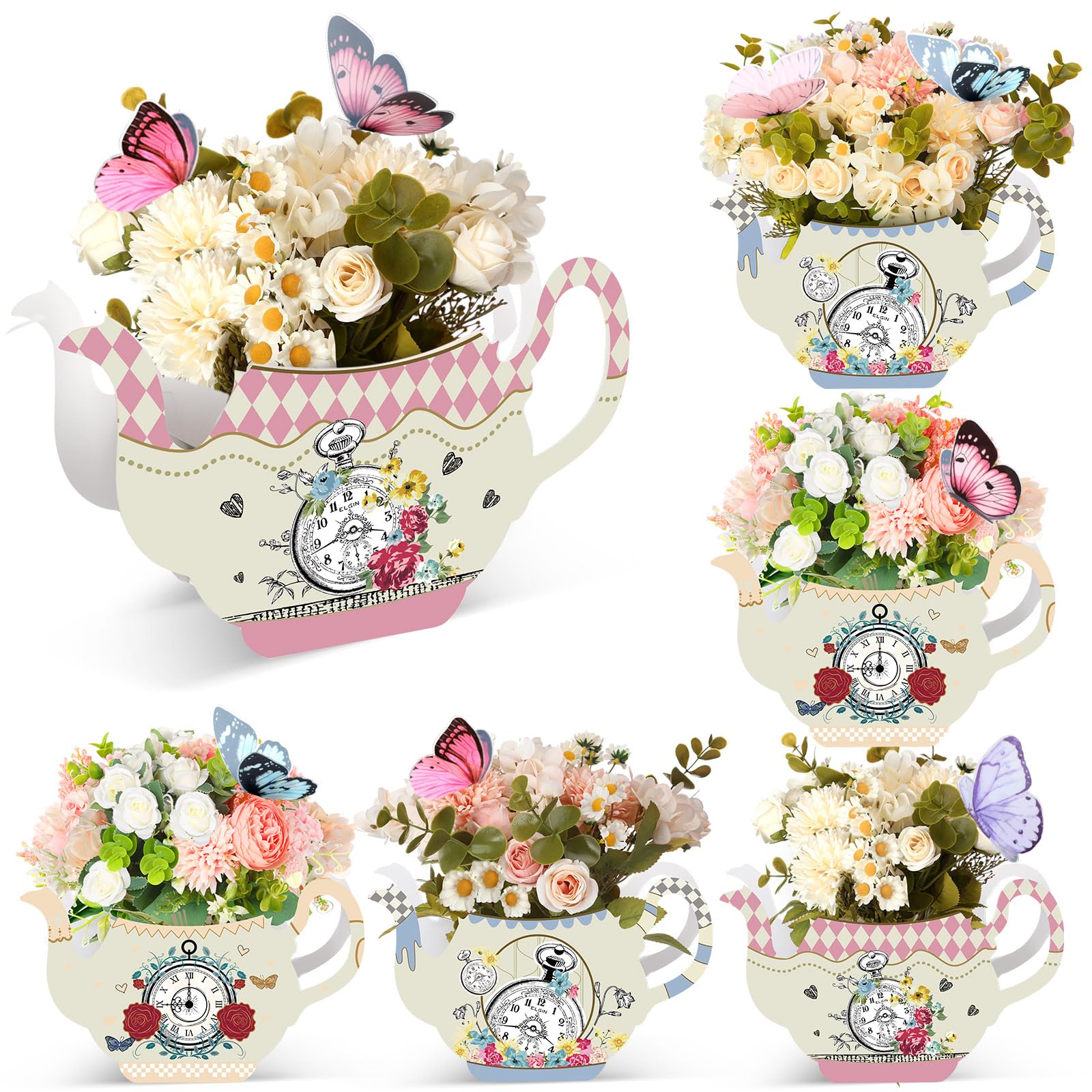Photo 1 of Yinder 6 Pcs Tea Party Decorations Princess Party Flower Boxes Centerpiece Floral Teapot Centerpiece for Floral Tea Themed Birthday Wedding Supplies(Vintage Tea Pot Tea Cup)