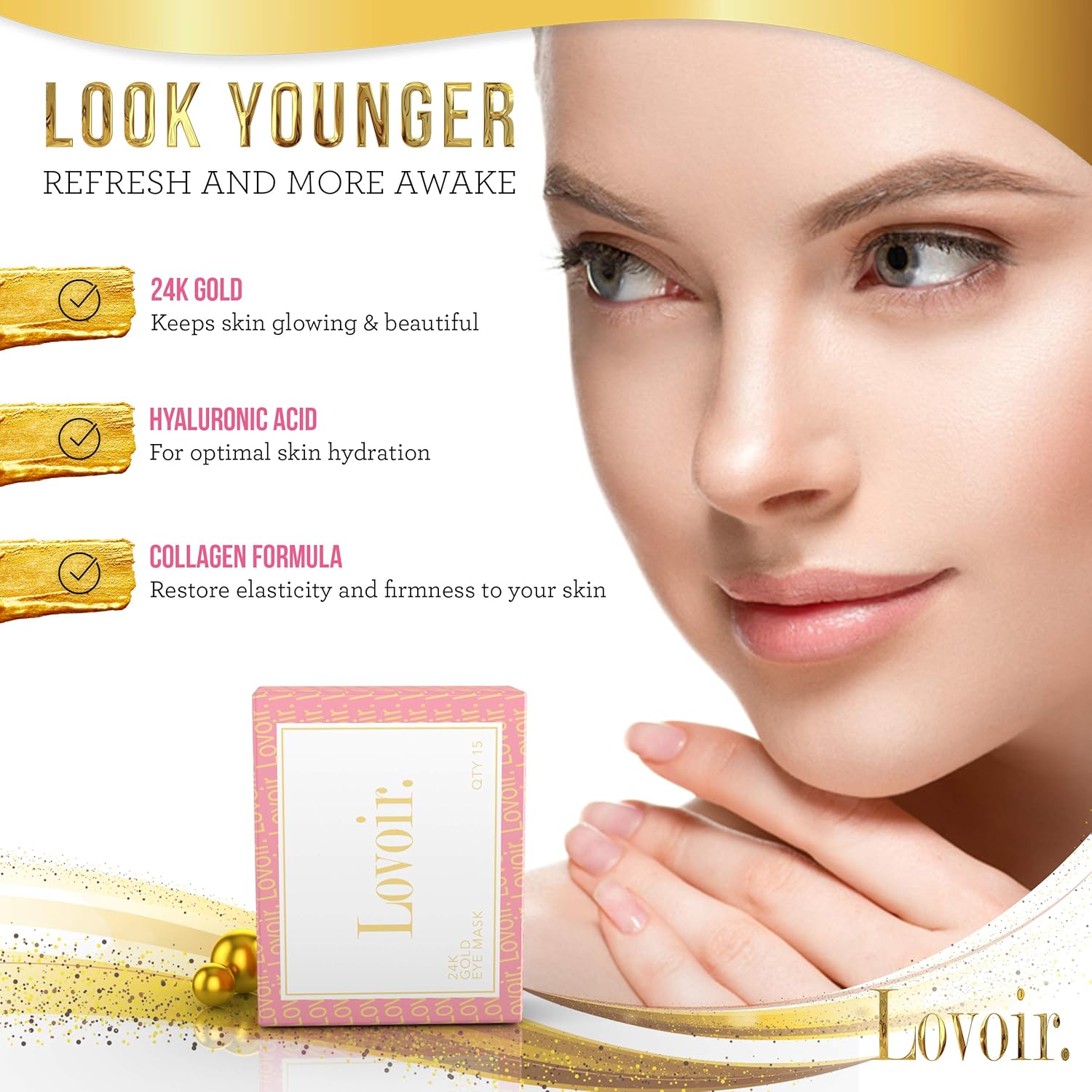 Under Eye Mask - By Lovoir, (15 Pairs) Collagen Treatment Gel Pads For Undereye Dark Circles, Puffiness And Wrinkles, 24k Gold Patches For Puffy Bags Under Eyes Suitable For Women And Men : Beauty