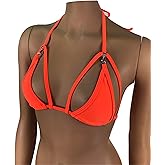 Exotic Dancewear Neon Orange Triangle BikinI Top Rave Outfits Skimpy Strappy String Adjustable Swimwear Cage Bikini Top Bra with Connector