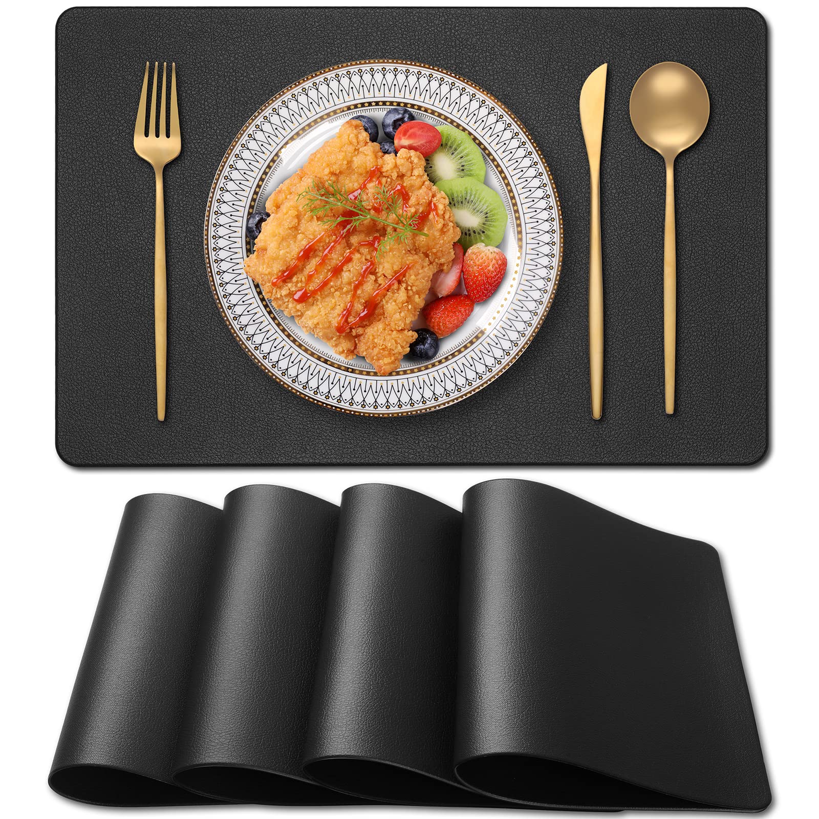 Blibalaskr PVC Heat Resistant Placemats Set of 4,Waterproof Wipeable Floor Place Mats,Non-Slip Easy Clean Table Mats for Kitchen Table Decor,12×18 Inch(Black)