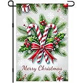 IVN Christmas Garden Flag Candy Cane Flag 12x18 Inch Double Sided Holly Leaves Red Bow Snowflake Background Decorative Yard Outdoor Seasonal Rustic Decor
